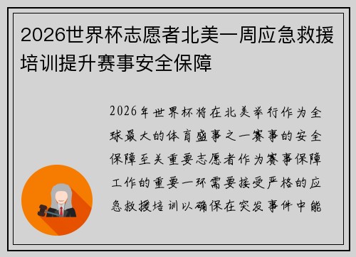 2026世界杯志愿者北美一周应急救援培训提升赛事安全保障